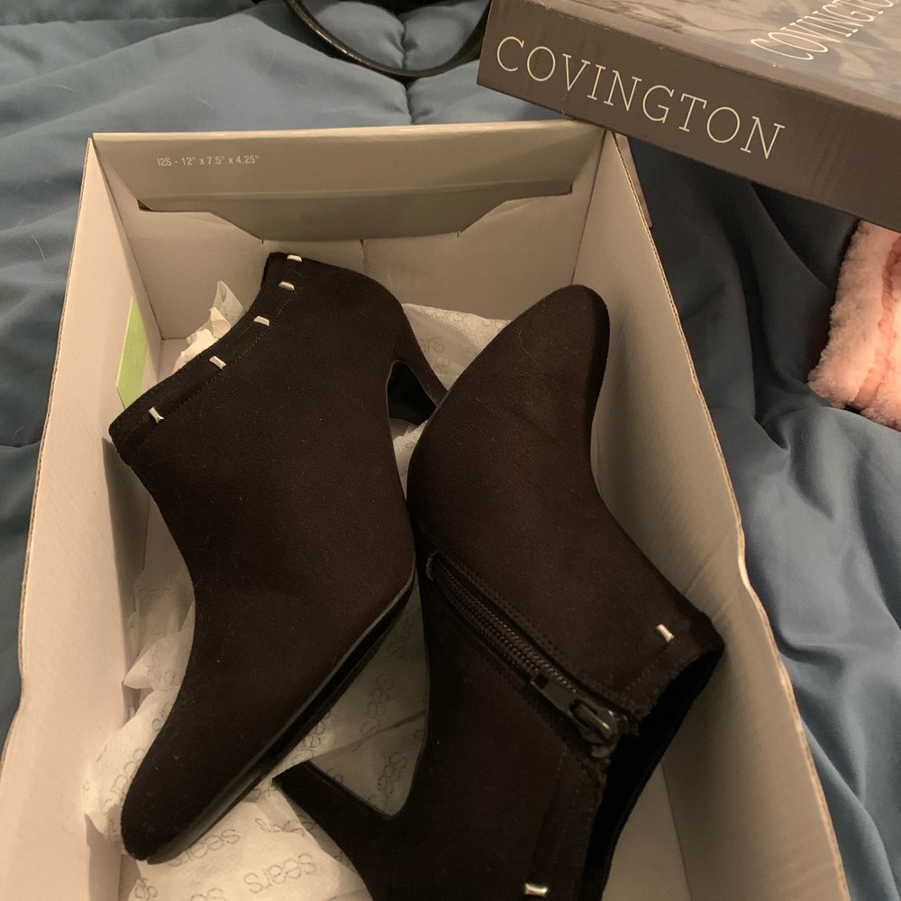 Black suede anklet boot/shoe with silver studs around the top
